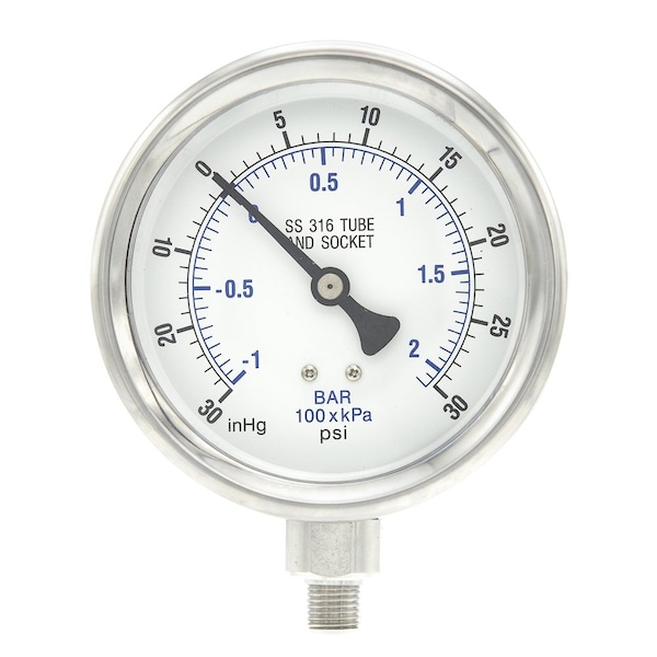 Pro 4 in Dial, 30 in Hg Vac/0/30 PSI & Bar, 1/4 in NPT, Lower Mount Dry/Fillable Pressure Gauge PRO-301D-404CC-01 - main